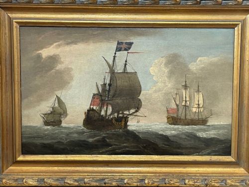 fig 1. 18th Century Marine Oil Painting English Royal Navy Squadron Sailing