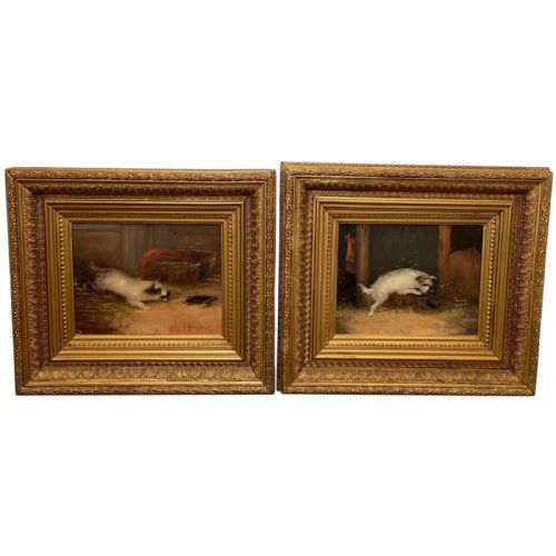 pair victorian hunting oil paintings terrier dogs ratting j langlois - CATEGORY: ANTIQUE ART - DATED VICTORIAN