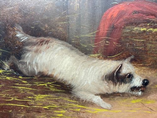 PAIR VICTORIAN HUNTING OIL PAINTINGS TERRIER DOGS RATTING J LANGLOIS - ADDITIONAL PHOTO 1