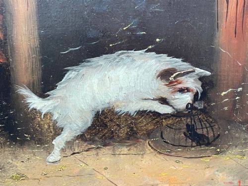 PAIR VICTORIAN HUNTING OIL PAINTINGS TERRIER DOGS RATTING J LANGLOIS - ADDITIONAL PHOTO 2