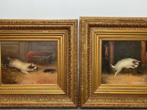 PAIR VICTORIAN HUNTING OIL PAINTINGS TERRIER DOGS RATTING J LANGLOIS - ADDITIONAL PHOTO 11