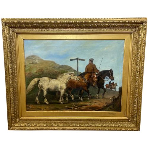 VICTORIAN OIL PAINTING HORSES ON THE ROAD TO CHESTER BY EDWARD LLOYD