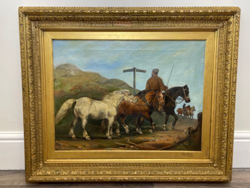 VICTORIAN OIL PAINTING HORSES ON THE ROAD TO CHESTER BY EDWARD LLOYD - ADDITIONAL PHOTO 1