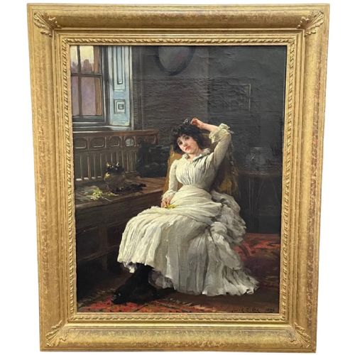 victorian oil painting lady white dress heartsease by frank e cox - CATEGORY: ANTIQUE ART - DATED VICTORIAN