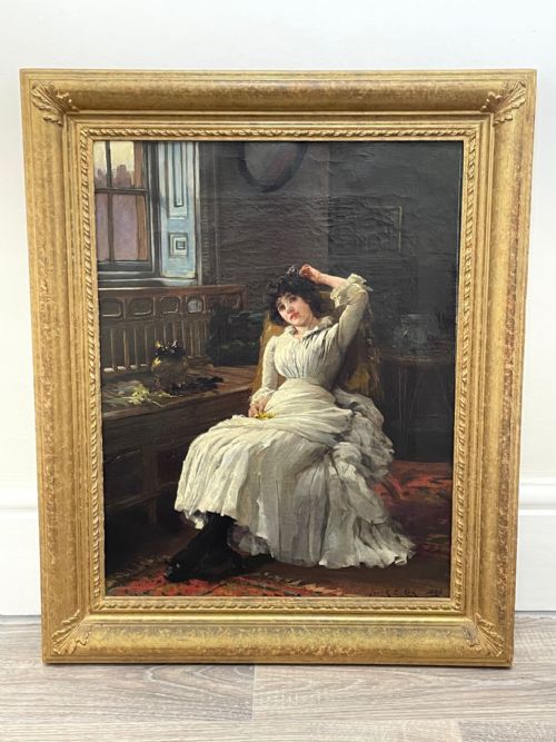 VICTORIAN OIL PAINTING LADY WHITE DRESS HEARTSEASE BY FRANK E COX - ADDITIONAL PHOTO 1
