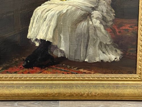 VICTORIAN OIL PAINTING LADY WHITE DRESS HEARTSEASE BY FRANK E COX - ADDITIONAL PHOTO 2