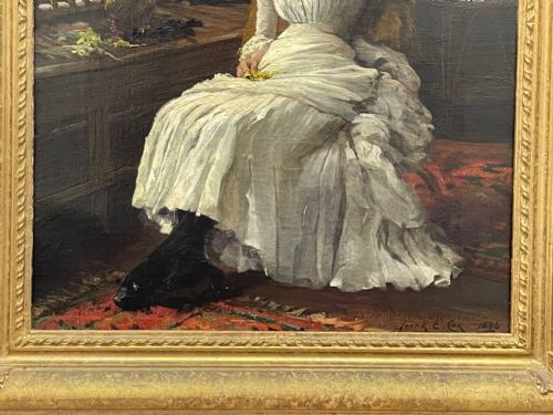 VICTORIAN OIL PAINTING LADY WHITE DRESS HEARTSEASE BY FRANK E COX - ADDITIONAL PHOTO 3