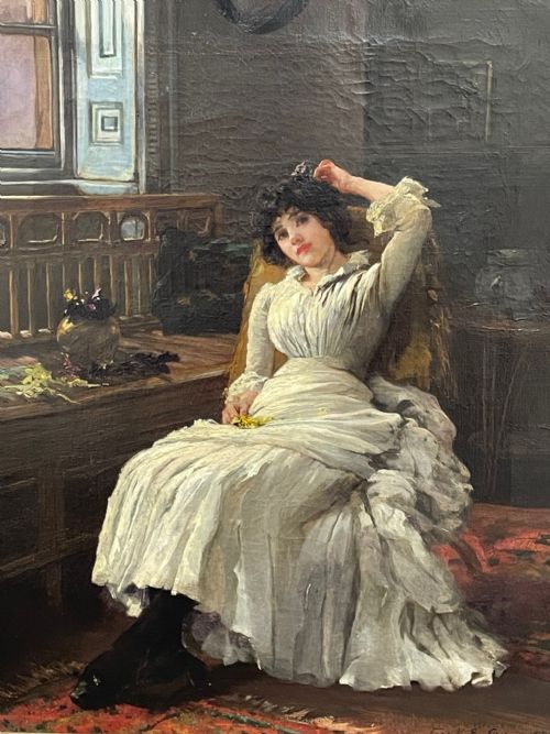 VICTORIAN OIL PAINTING LADY WHITE DRESS HEARTSEASE BY FRANK E COX - ADDITIONAL PHOTO 4