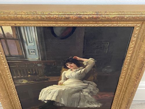 VICTORIAN OIL PAINTING LADY WHITE DRESS HEARTSEASE BY FRANK E COX - ADDITIONAL PHOTO 7