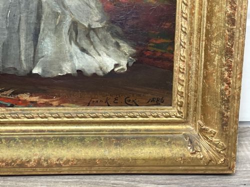 VICTORIAN OIL PAINTING LADY WHITE DRESS HEARTSEASE BY FRANK E COX - ADDITIONAL PHOTO 8