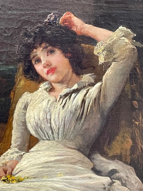 VICTORIAN OIL PAINTING LADY WHITE DRESS HEARTSEASE BY FRANK E COX - ADDITIONAL PHOTO 28