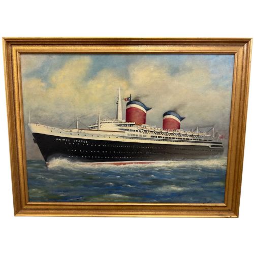 marine nostalgia oil painting ss united states ocean liner steam ship - CATEGORY: ANTIQUE ART - DATED 1960