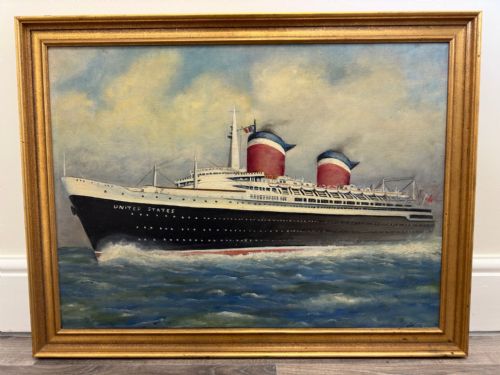 MARINE NOSTALGIA OIL PAINTING SS UNITED STATES OCEAN LINER STEAM SHIP - ADDITIONAL PHOTO 1
