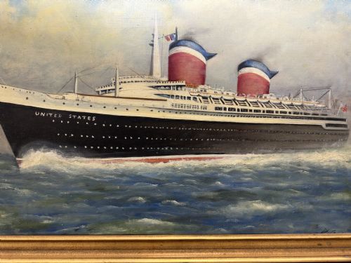 MARINE NOSTALGIA OIL PAINTING SS UNITED STATES OCEAN LINER STEAM SHIP - ADDITIONAL PHOTO 4