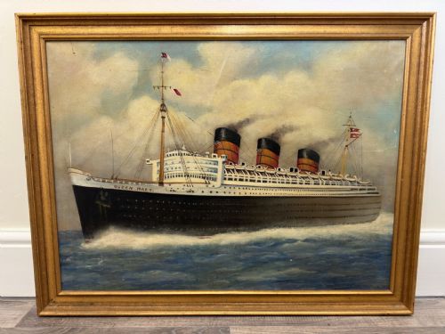 BRITISH MARINE OIL PAINTING RMS QUEEN MARY OCEAN LINER STEAM SHIP - ADDITIONAL PHOTO 1