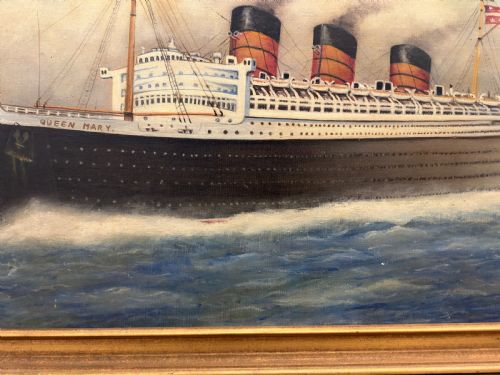 BRITISH MARINE OIL PAINTING RMS QUEEN MARY OCEAN LINER STEAM SHIP - ADDITIONAL PHOTO 2