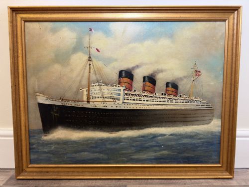 BRITISH MARINE OIL PAINTING RMS QUEEN MARY OCEAN LINER STEAM SHIP - ADDITIONAL PHOTO 3