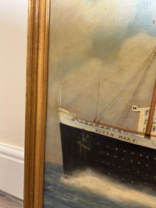 BRITISH MARINE OIL PAINTING RMS QUEEN MARY OCEAN LINER STEAM SHIP - ADDITIONAL PHOTO 4