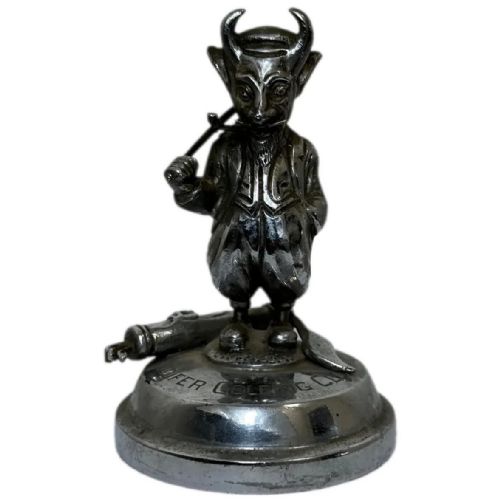 antique british devil lucifer golfing society car mascot signed - CATEGORY: ANTIQUE METAL - DATED 1920
