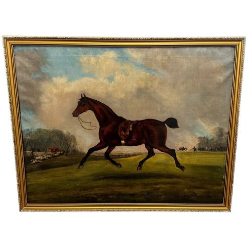 british early victorian hunting oil painting bay hunter horse pursued - CATEGORY: ANTIQUE ART - DATED VICTORIAN
