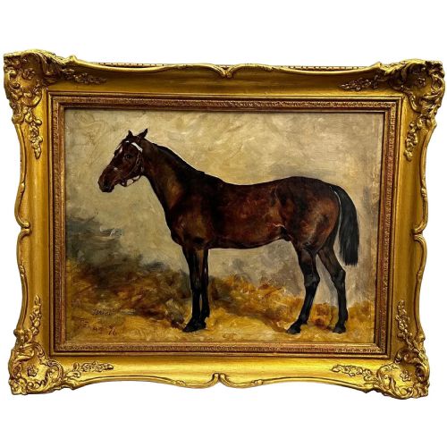 19th century equine oil painting bay hunter horse isriel by j emms - CATEGORY: ANTIQUE ART - DATED 19TH CENTURY