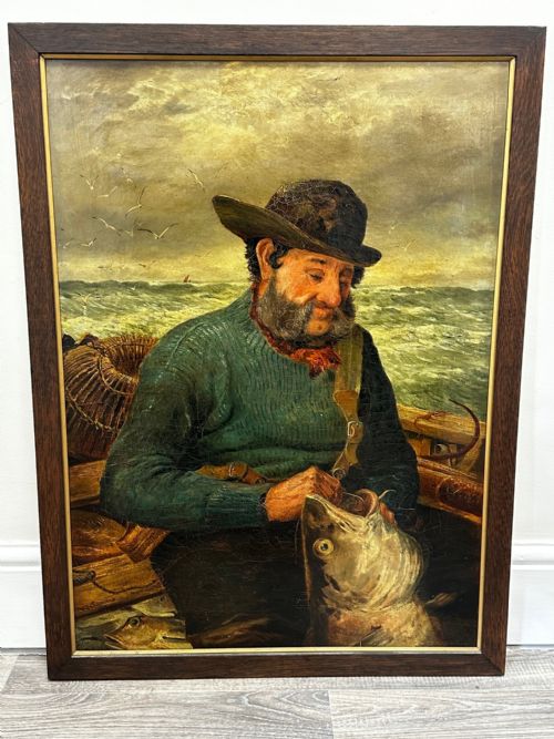 NEWLYN 19TH CENTURY MARINE PAINTING CORNISH SEA FISHERMAN HOOK CATCH - ADDITIONAL PHOTO 1