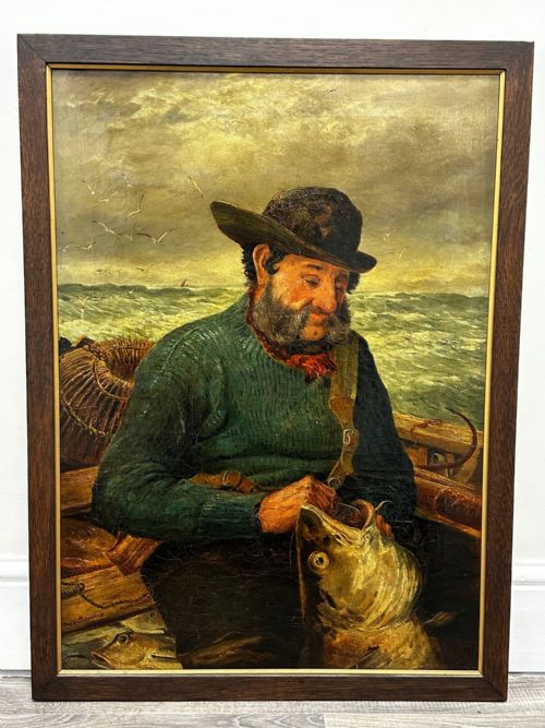 NEWLYN 19TH CENTURY MARINE PAINTING CORNISH SEA FISHERMAN HOOK CATCH - ADDITIONAL PHOTO 3