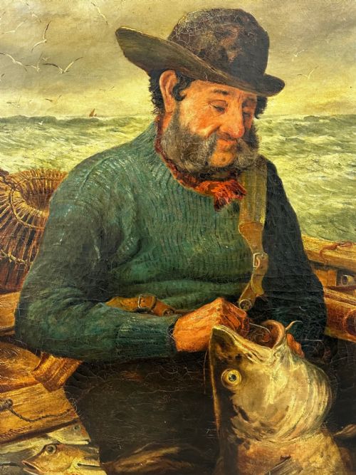 NEWLYN 19TH CENTURY MARINE PAINTING CORNISH SEA FISHERMAN HOOK CATCH - ADDITIONAL PHOTO 5