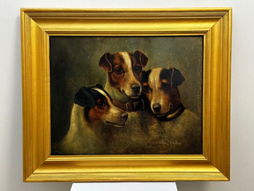 VICTORIAN OIL PAINTING JACK RUSSELL DOGS PA MA I BY CHARLES DUDLEY - ADDITIONAL PHOTO 1