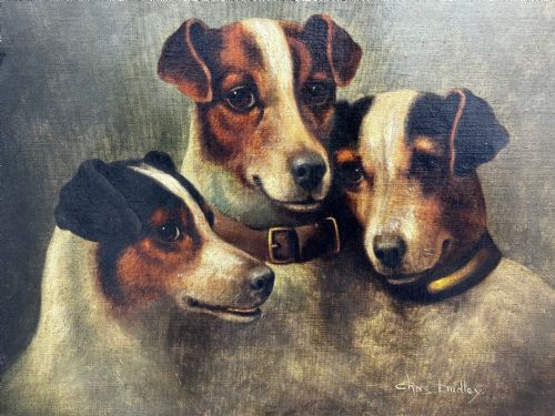 VICTORIAN OIL PAINTING JACK RUSSELL DOGS PA MA I BY CHARLES DUDLEY - ADDITIONAL PHOTO 2