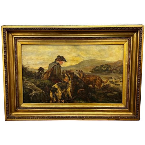 scottish oil painting hunting ghillie 4 lurcher dogs highland moors - CATEGORY: ANTIQUE ART - DATED EDWARDIAN