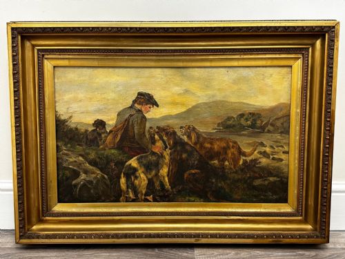 SCOTTISH OIL PAINTING HUNTING GHILLIE 4 LURCHER DOGS HIGHLAND MOORS - ADDITIONAL PHOTO 1