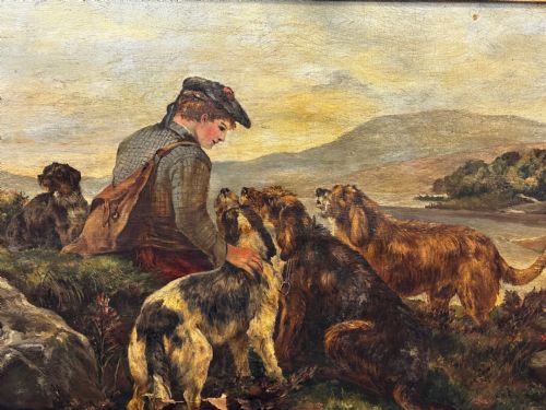 SCOTTISH OIL PAINTING HUNTING GHILLIE 4 LURCHER DOGS HIGHLAND MOORS - ADDITIONAL PHOTO 7