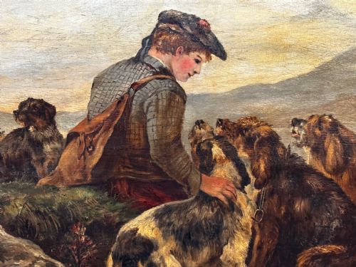 SCOTTISH OIL PAINTING HUNTING GHILLIE 4 LURCHER DOGS HIGHLAND MOORS - ADDITIONAL PHOTO 9