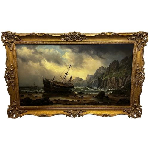 Victorian Oil Painting Cornish Shipwreck Ship Beached by Millson Hunt C1883