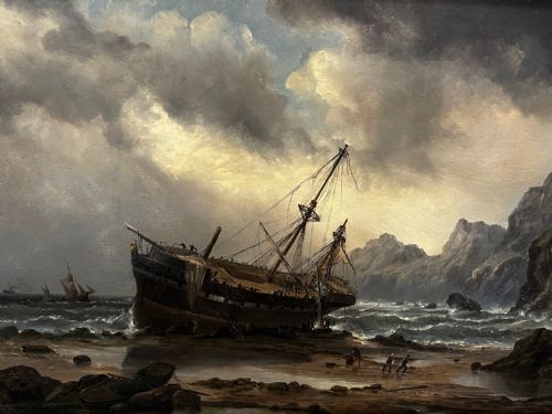 fig 1. Victorian Oil Painting Cornish Shipwreck Ship Beached By Millson Hunt c1883
