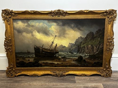 fig 2. Victorian Oil Painting Cornish Shipwreck Ship Beached By Millson Hunt c1883