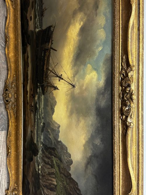 fig 4. Victorian Oil Painting Cornish Shipwreck Ship Beached By Millson Hunt c1883
