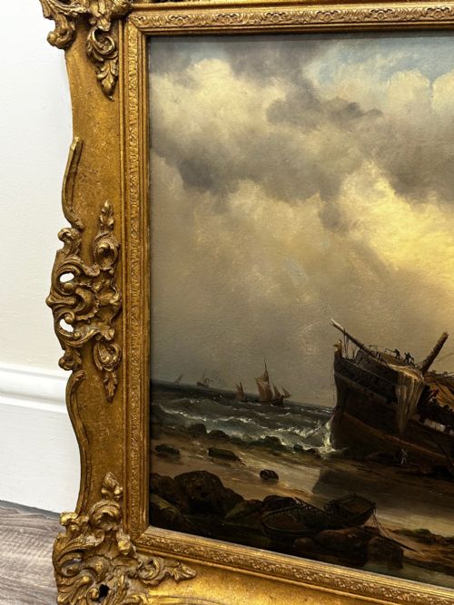 fig 5. Victorian Oil Painting Cornish Shipwreck Ship Beached By Millson Hunt c1883
