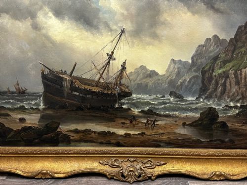 fig 7. Victorian Oil Painting Cornish Shipwreck Ship Beached By Millson Hunt c1883