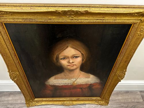 OIL PAINTING PORTRAIT LADY RED WHITE LACE DRESS WEARING GOLD LOCKET - ADDITIONAL PHOTO 4