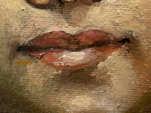 OIL PAINTING PORTRAIT LADY RED WHITE LACE DRESS WEARING GOLD LOCKET - ADDITIONAL PHOTO 16