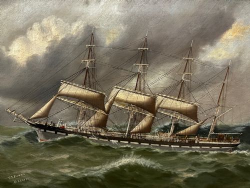 fig 1. Oil Painting Four Masted Iron Merchant Ship Colony By Thomas G Purvis C1900