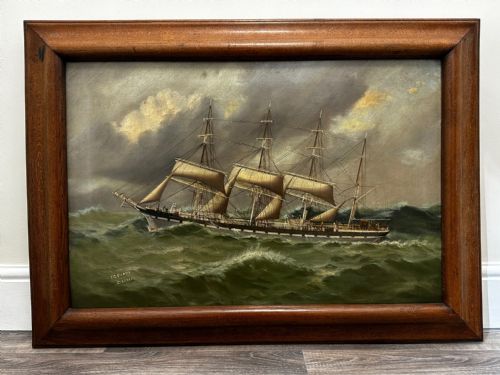 fig 4. Oil Painting Four Masted Iron Merchant Ship Colony By Thomas G Purvis C1900