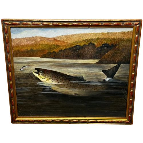 oil painting rainbow trout fish surfacing by author roland knight - CATEGORY: ANTIQUE ART - DATED EDWARDIAN