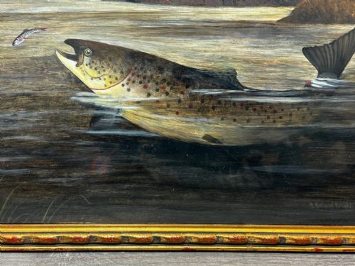 OIL PAINTING RAINBOW TROUT FISH SURFACING BY AUTHOR ROLAND KNIGHT - ADDITIONAL PHOTO 2