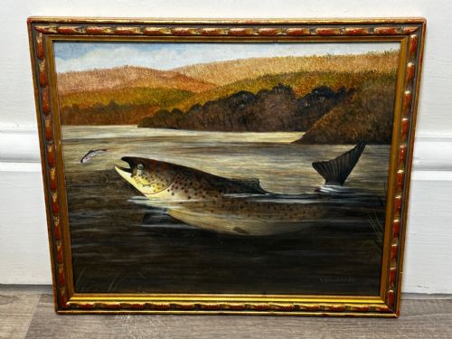 OIL PAINTING RAINBOW TROUT FISH SURFACING BY AUTHOR ROLAND KNIGHT - ADDITIONAL PHOTO 3