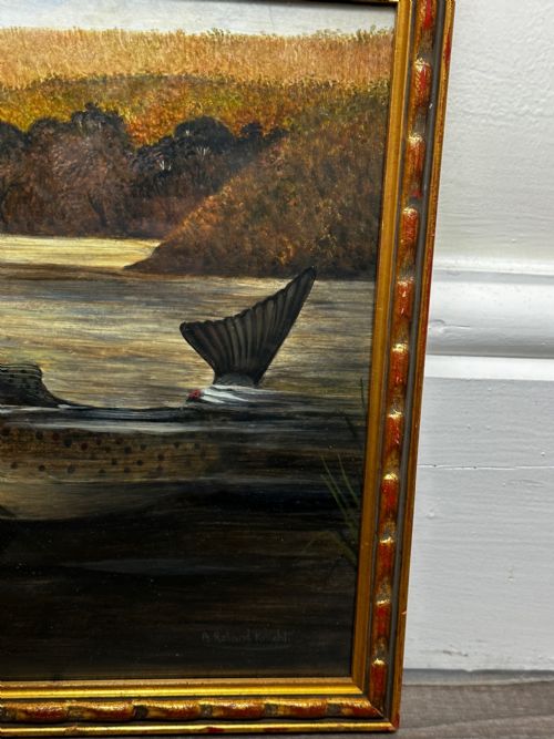 OIL PAINTING RAINBOW TROUT FISH SURFACING BY AUTHOR ROLAND KNIGHT - ADDITIONAL PHOTO 5