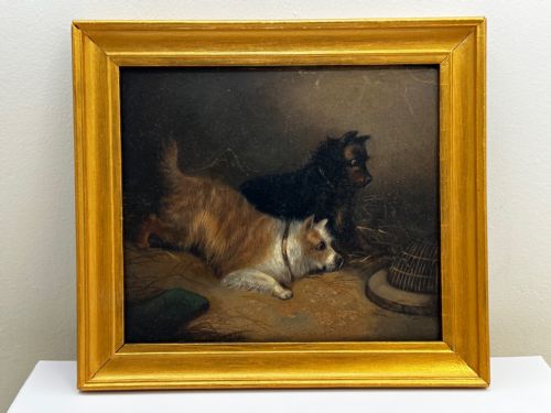 OIL PAINTING 2 TERRIER DOGS ON THE SCENT RATTING GEORGE ARMFIELD C1867 - ADDITIONAL PHOTO 1