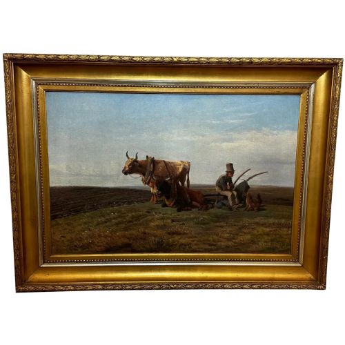 19th century danish oil painting farmer top hat farm dog at rest - CATEGORY: ANTIQUE ART - DATED 19TH CENTURY